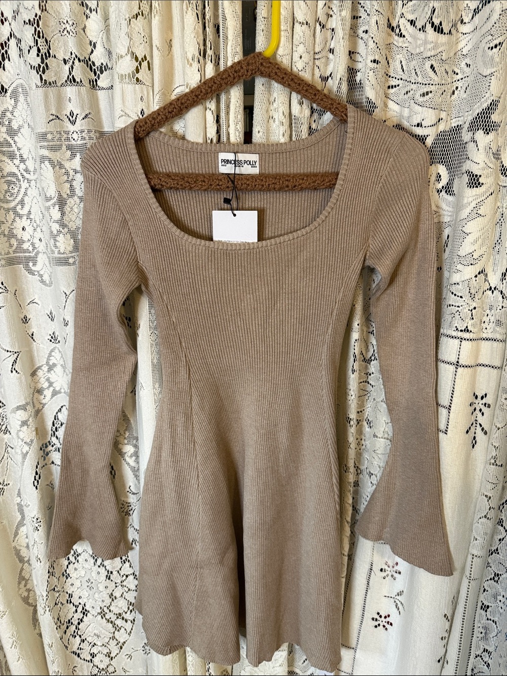 Princess Polly Taupe Ribbed Scoop Neck Dress with Flared Sleeves - Picture 3 of 7